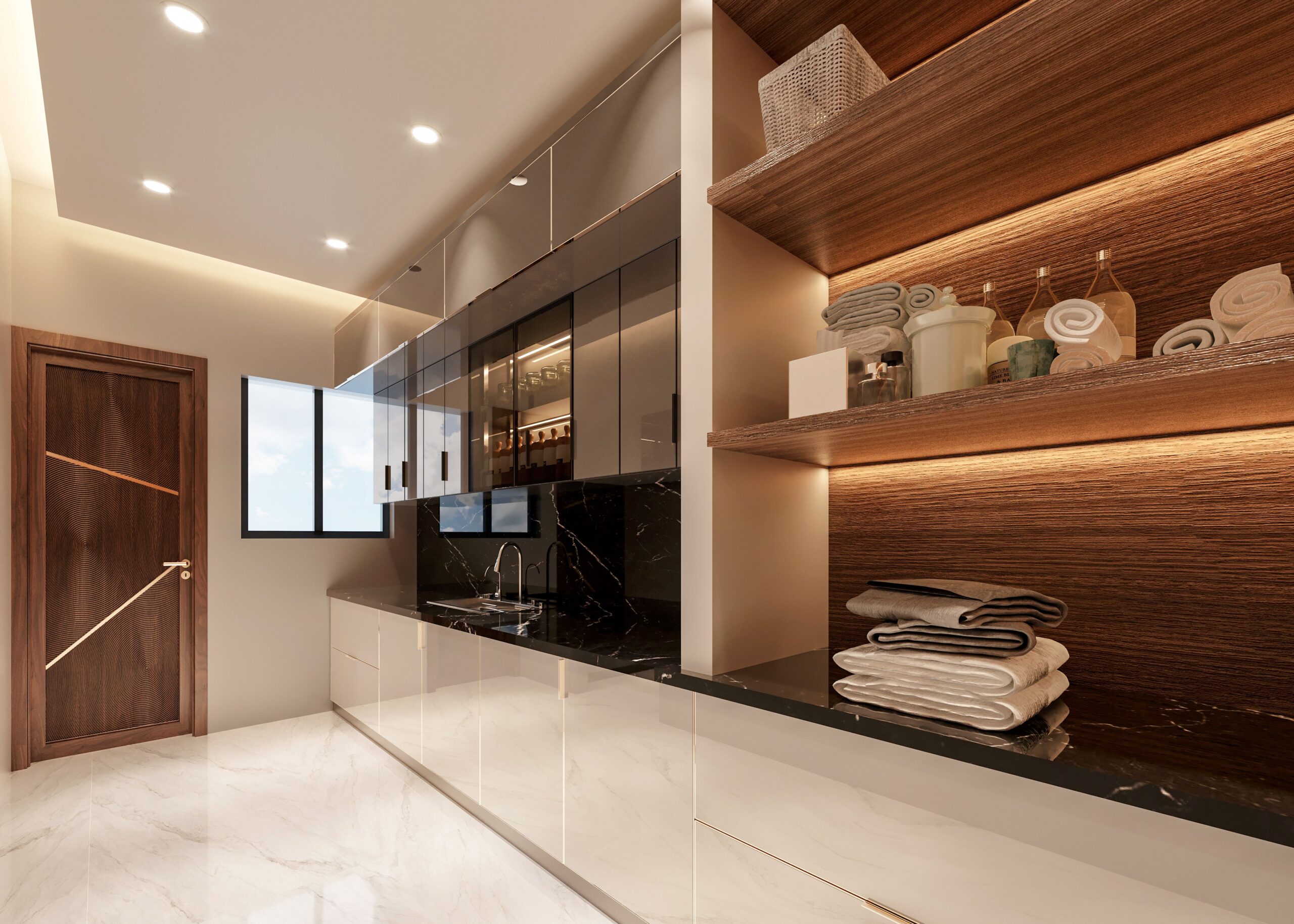 Sleek modern kitchen interior with glossy surfaces, wooden accents, and abundant natural lighting.